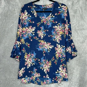 Sami‎ & Jo 1X Shirt Top Blue Floral Flower Bell 3/4 Sleeve V Neck High Low l